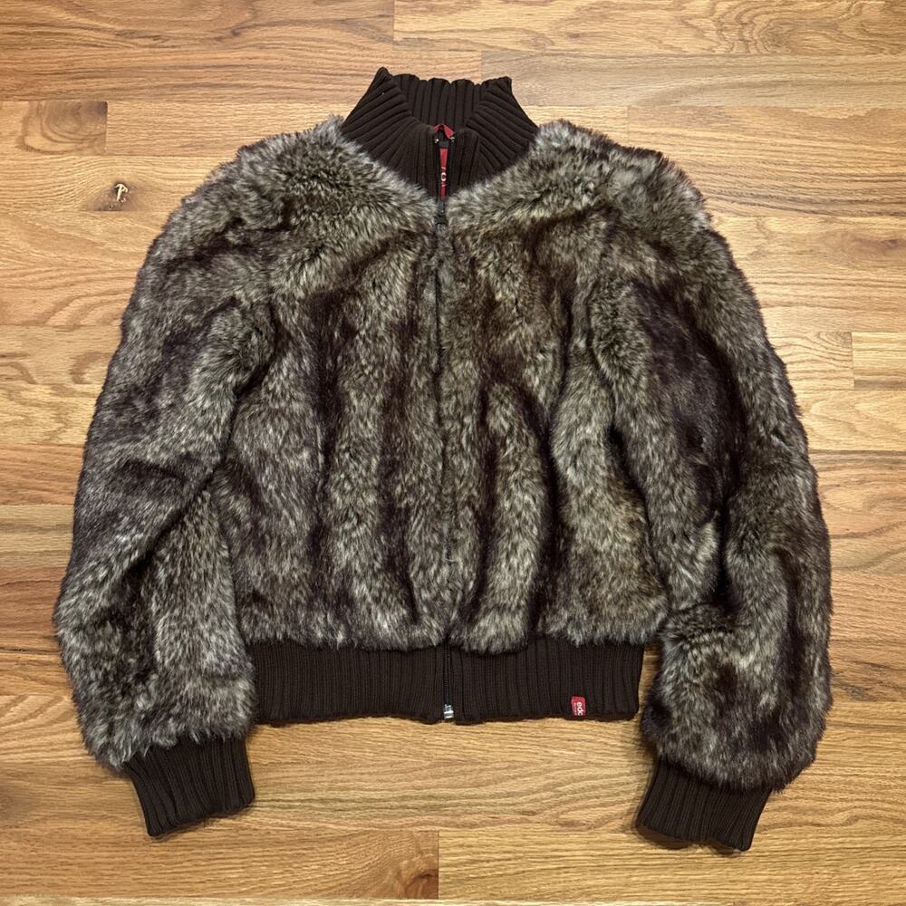Esprit EDC Faux Fur Y2K Vintage Women's Brown Bomber Jacket Size Medium